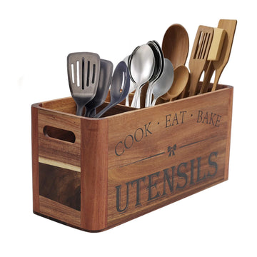 Utensil Holder Countertop - Extra Large 4 Compartment Wooden Organizer in Acacia Wood, Storage for Cooking Tools
