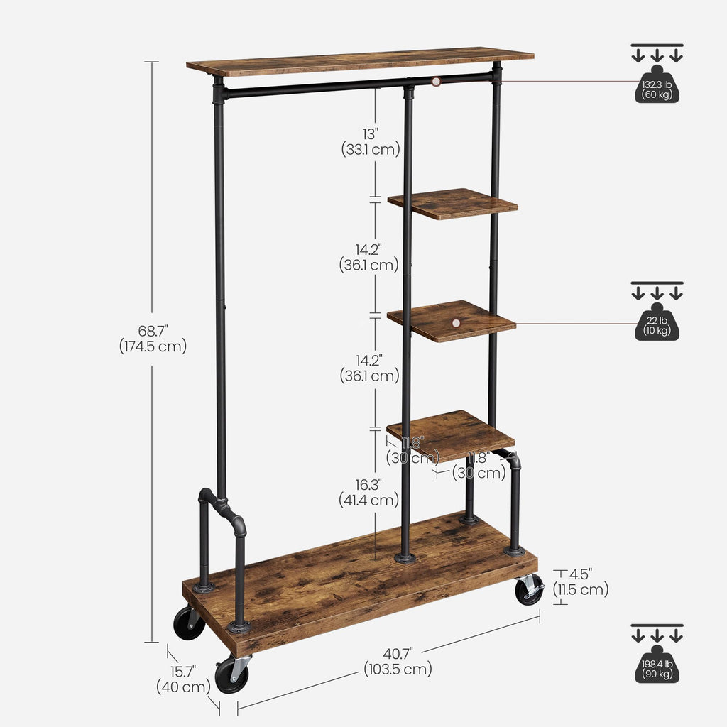 Clothes Rack, 5-Tier Garment Rack on Wheels, Industrial Pipe Style