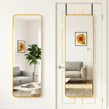 48"x14" Over the Door Mirror, Full Length Mirror with Stand, Gold