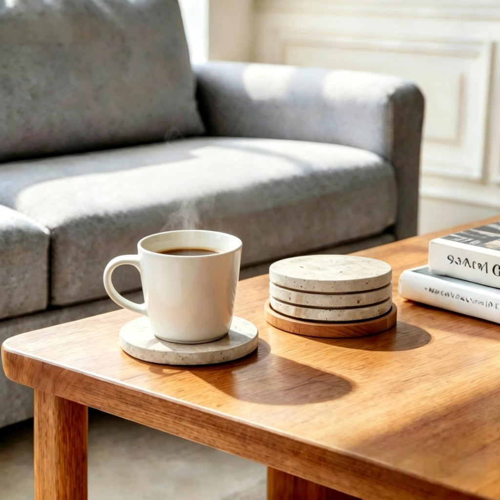 4" Round Natural Travertine Marble Coasters with Cork Backing, Stone Drink Coasters Set of 4, Wedding, Housewarming