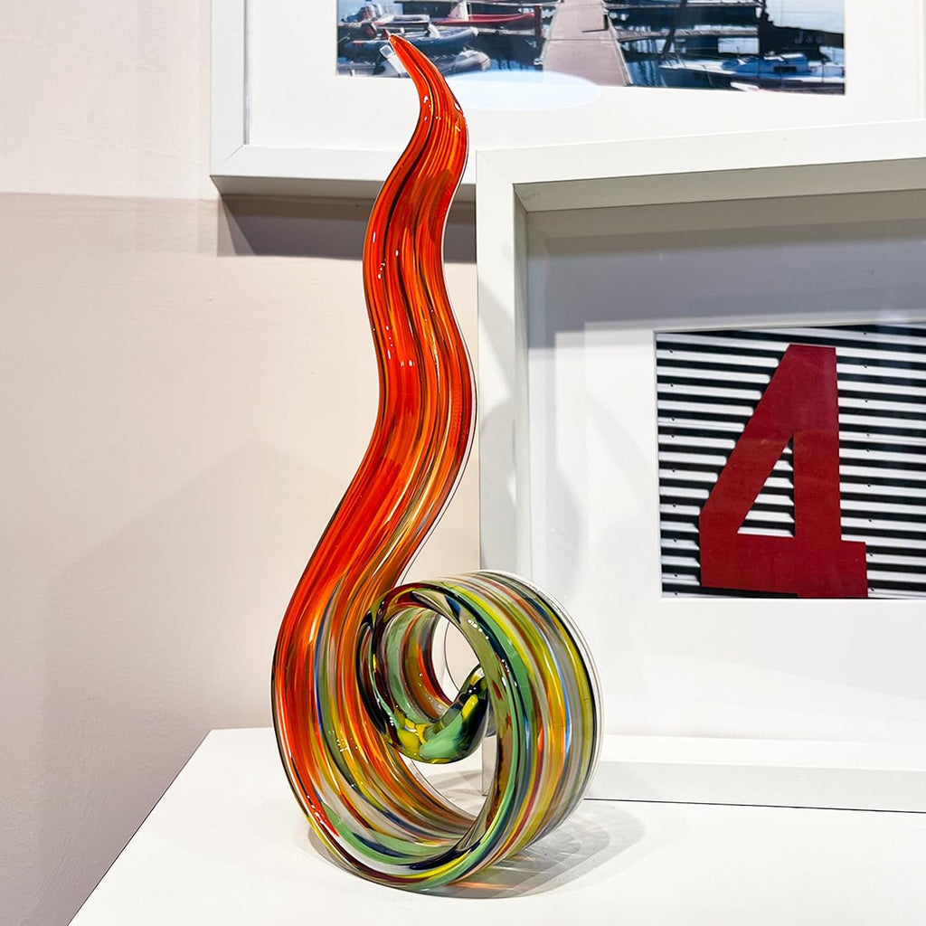 11.4" Tall Hand Blown Glass Sculpture, Murano Style Art , Modern Coastal Home Decor Accent for Shelf