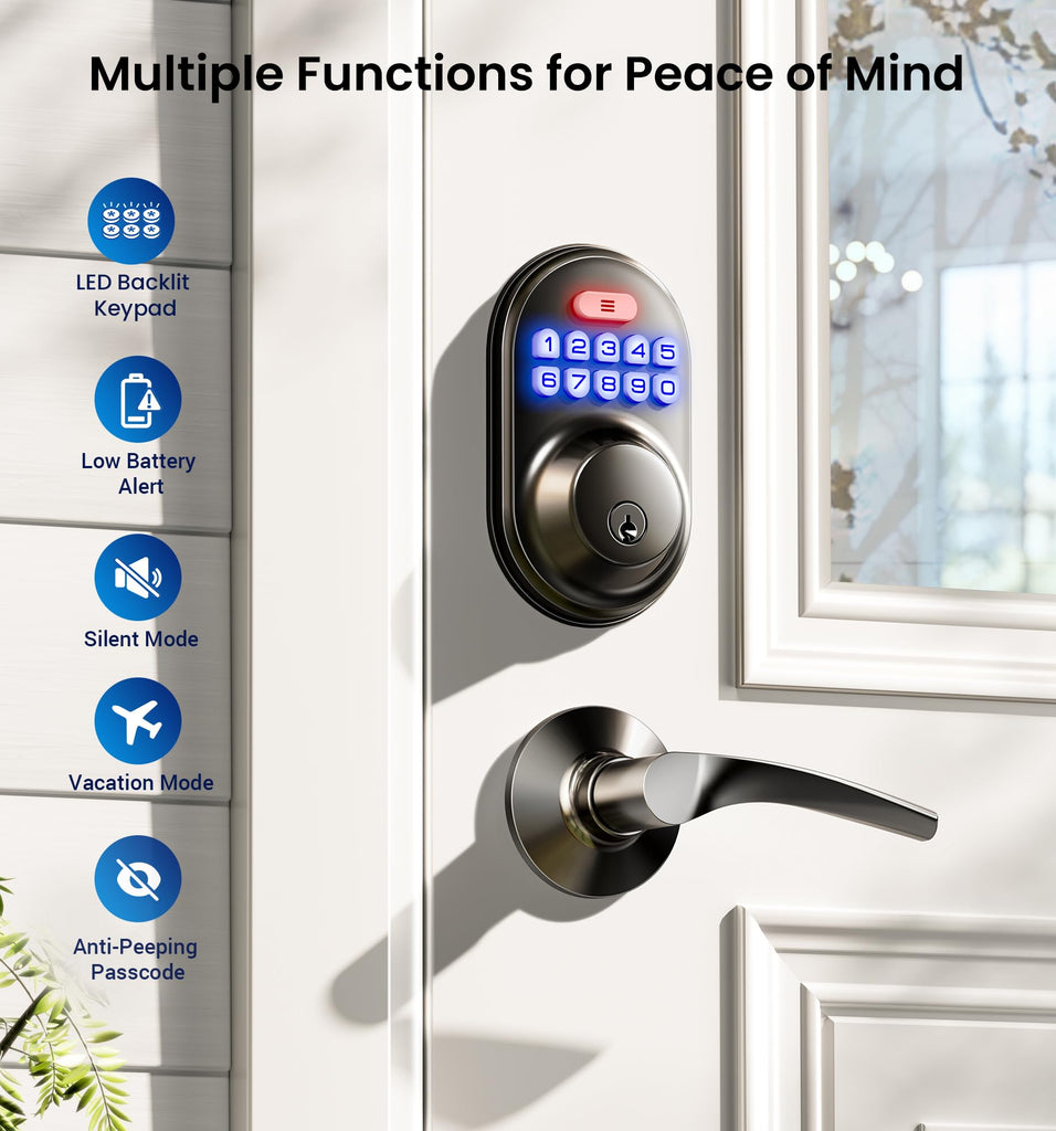 RZ-C Keyless Entry Door Lock with 2 Lever Handles, Matte Black