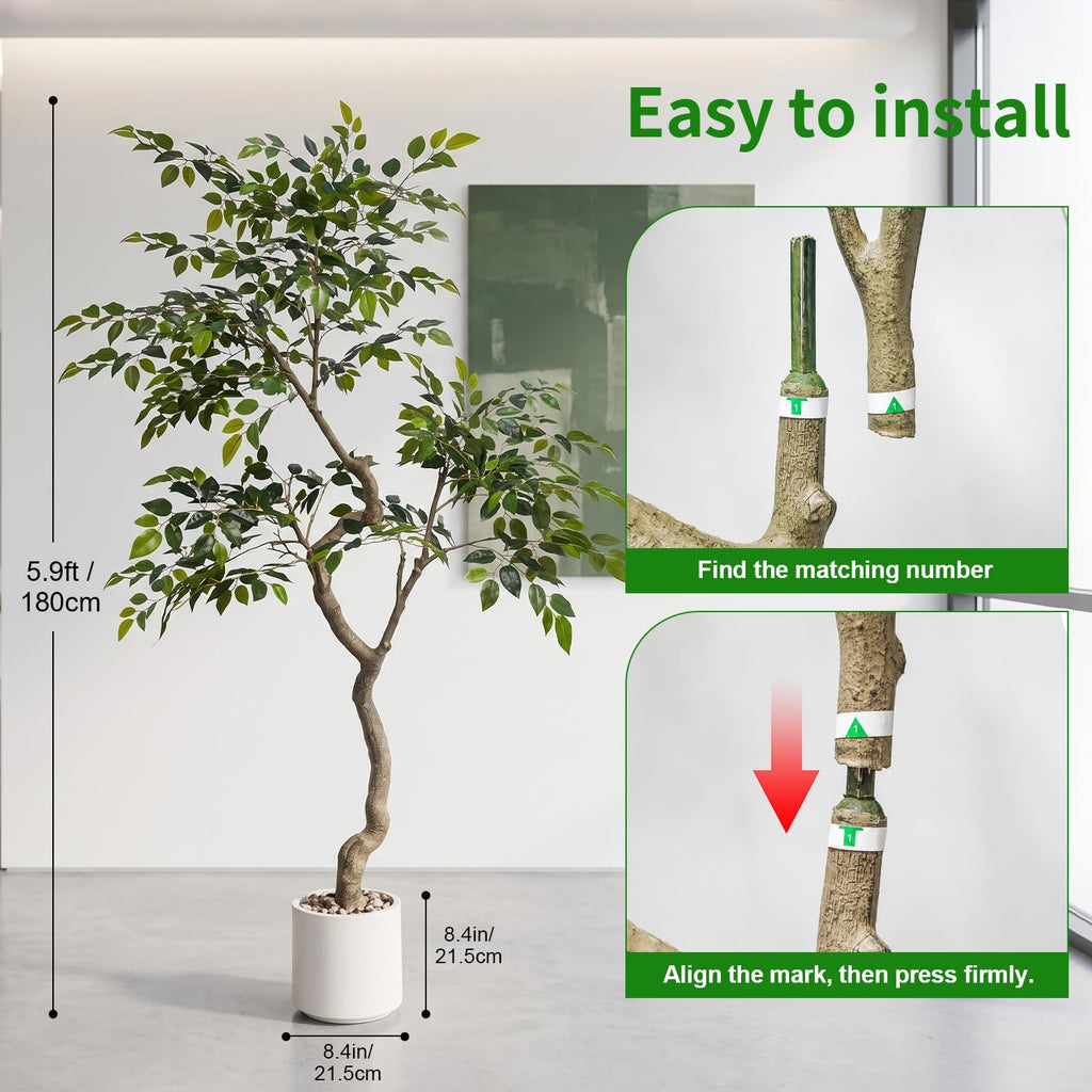 Ficus Tree Artificial 6FT, Hand-Painted Trunk Tall Fake Plant with Planter