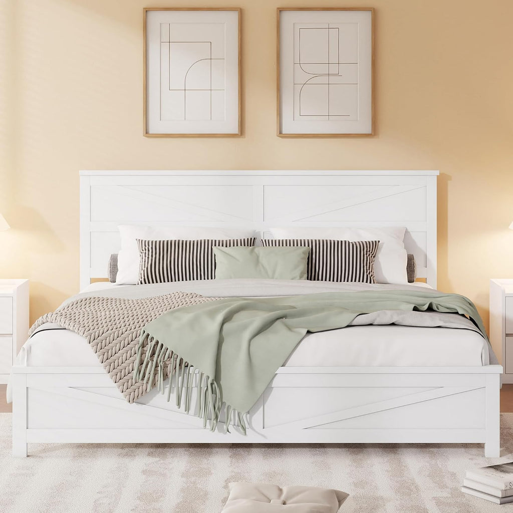 Rustic Platform Bed Frame with Barn Door Design Headboard and Footboard for Bedroom, King Pine Wood Bed with Wooden