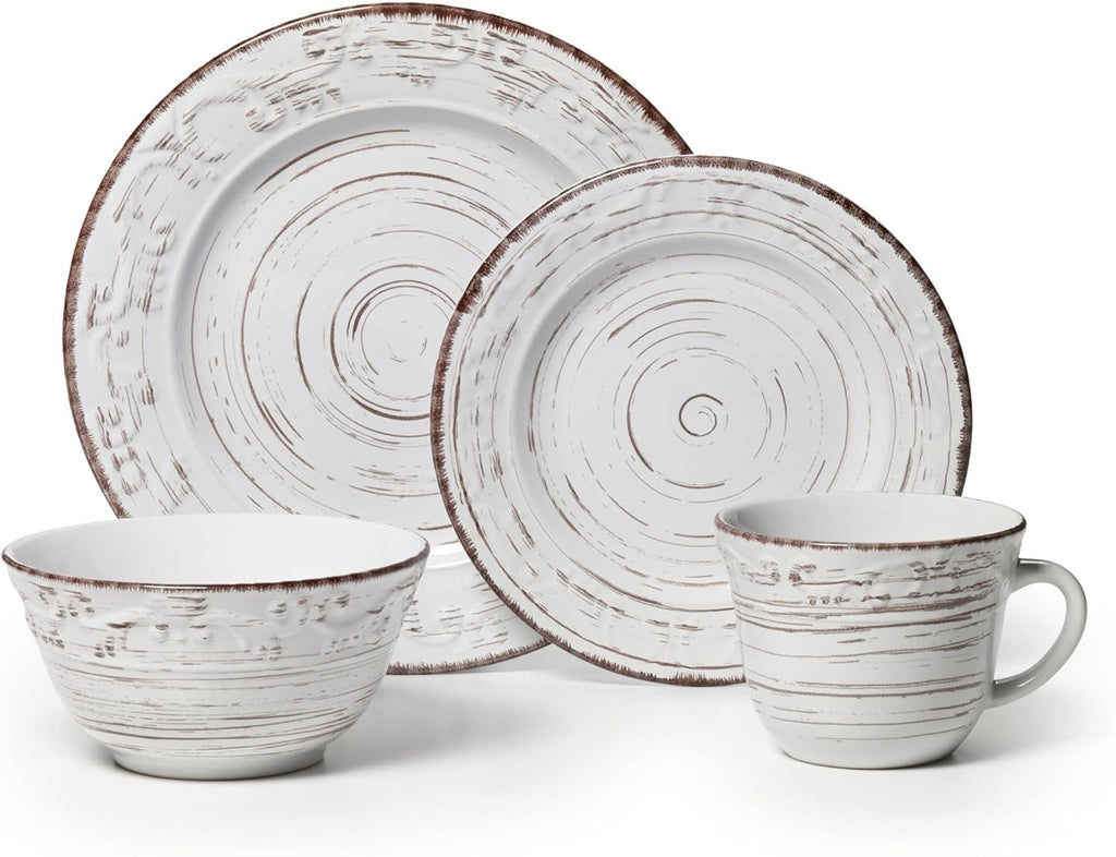 Trellis White 16-Piece Stoneware Dinnerware Set, Service for 4, Distressed White Finish