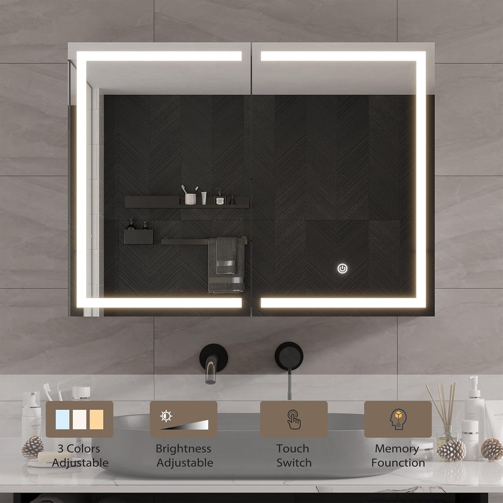 Bathroom Medicine Cabinet with Mirror and LED Light, Wall Mounted Bathroom Mirror with Storage, 2 Doors Bathroom Wall