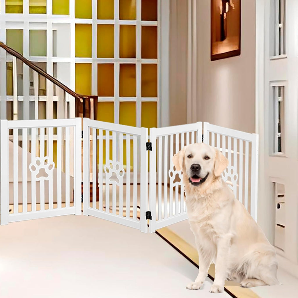 4 Panel Dog Gate White - Foldable Wooden Pet Gate 80x23.6