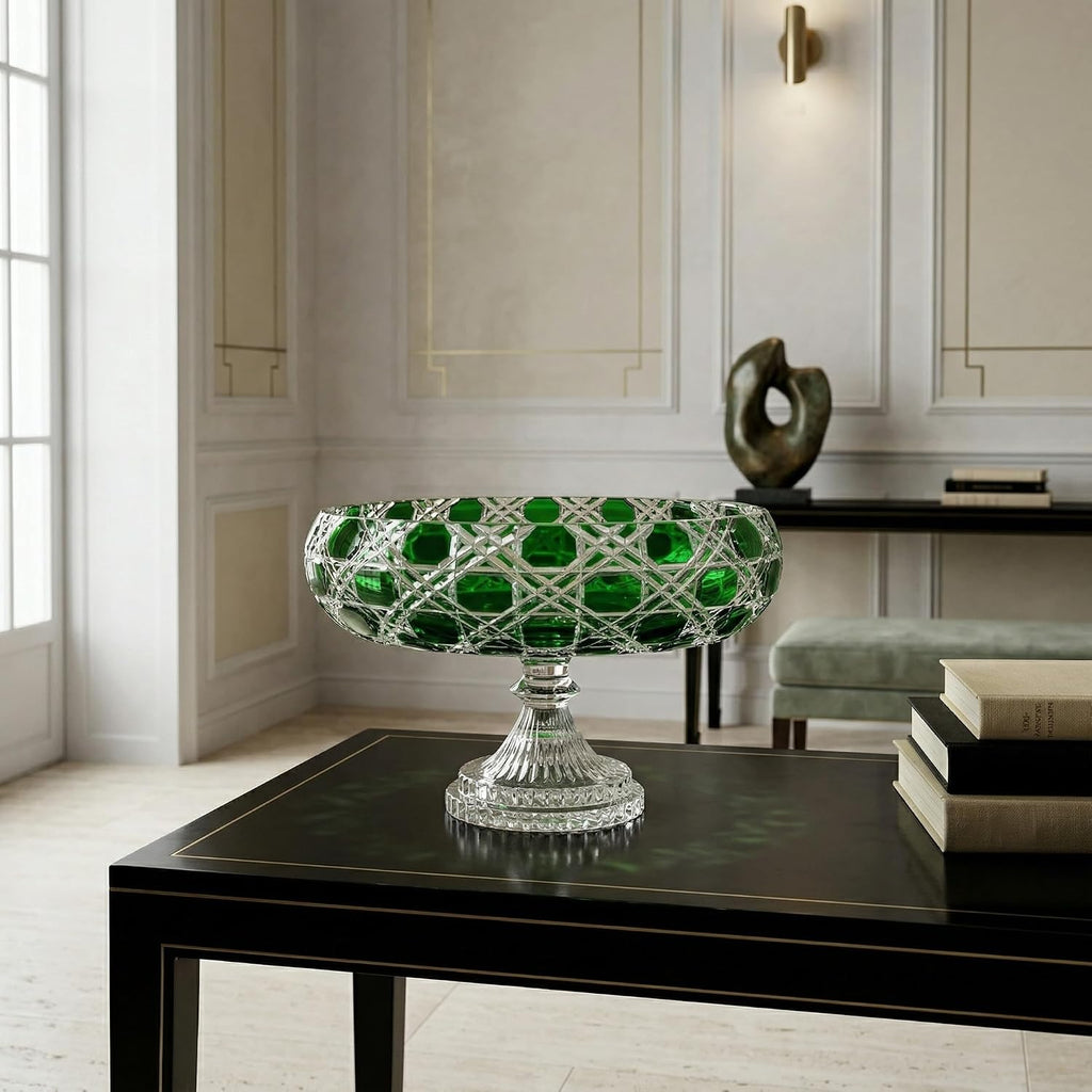 Verdura Emerald Cut Crystal Footed Bowl - Handcrafted Wide Centerpiece Compote - Luxury Green Glass Decorative Fruit