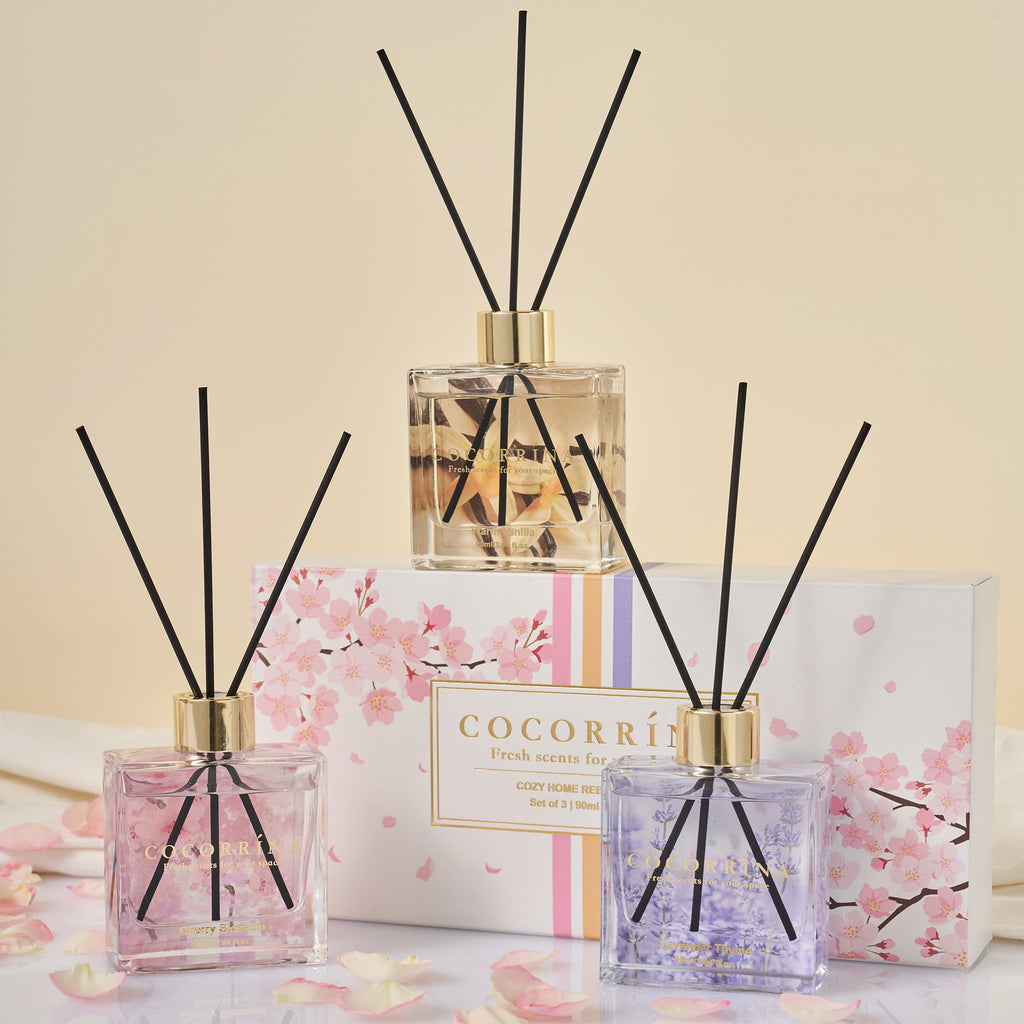 Reed Diffuser Set of 3-3 Pack/ 3.04 Fl.oz Diffuser with 24 Sticks Warm Vanilla/Cherry Blossom/Lavender Thyme Reed