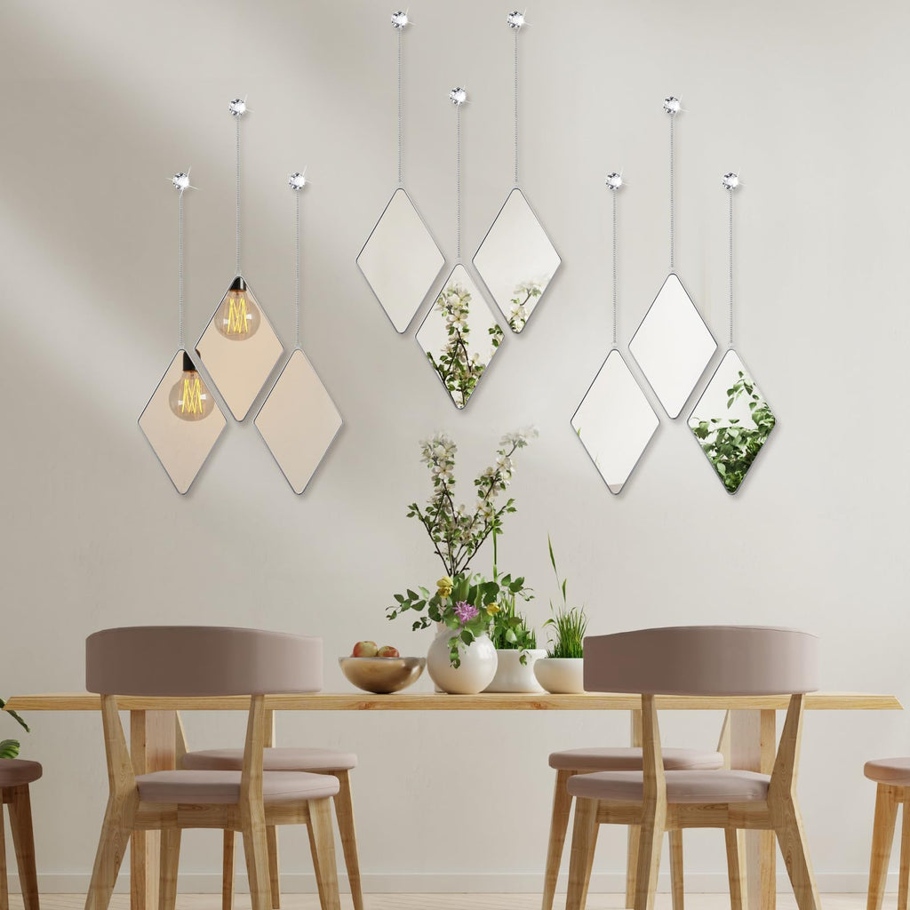12 Pcs Diamond Wall Mirror Decorative Set Hanging Mirrors with Chain Frame Diamond Decorative for Wall Decor Living