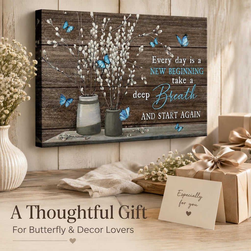 Farmhouse Bathroom Canvas Wall Art Vintage Rustic Country Flower Blue Butterfly Painting Picture Wall Decor Every day