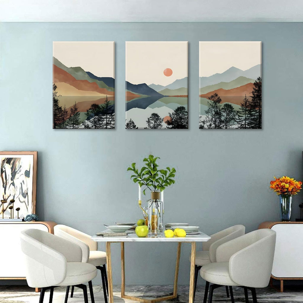 Canvas Wall Art Framed Mountain Wall Art Set of 3 Boho Watercolor Nature Landscape Picture Decor Sun Forest Abstract