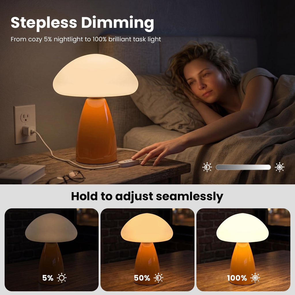 Mushroom Lamp, 3 Color Modes Stepless Dimmable Table Lamp, Retro Bedside Lamp, Nightstand, ABS Plastic Shade and