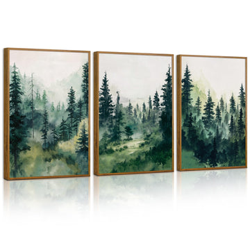 Watercolor Forest Framed Canvas Wall Art Set, Modern Pine Tree Wall Painting, Nature Foggy Landscape Wall Decor