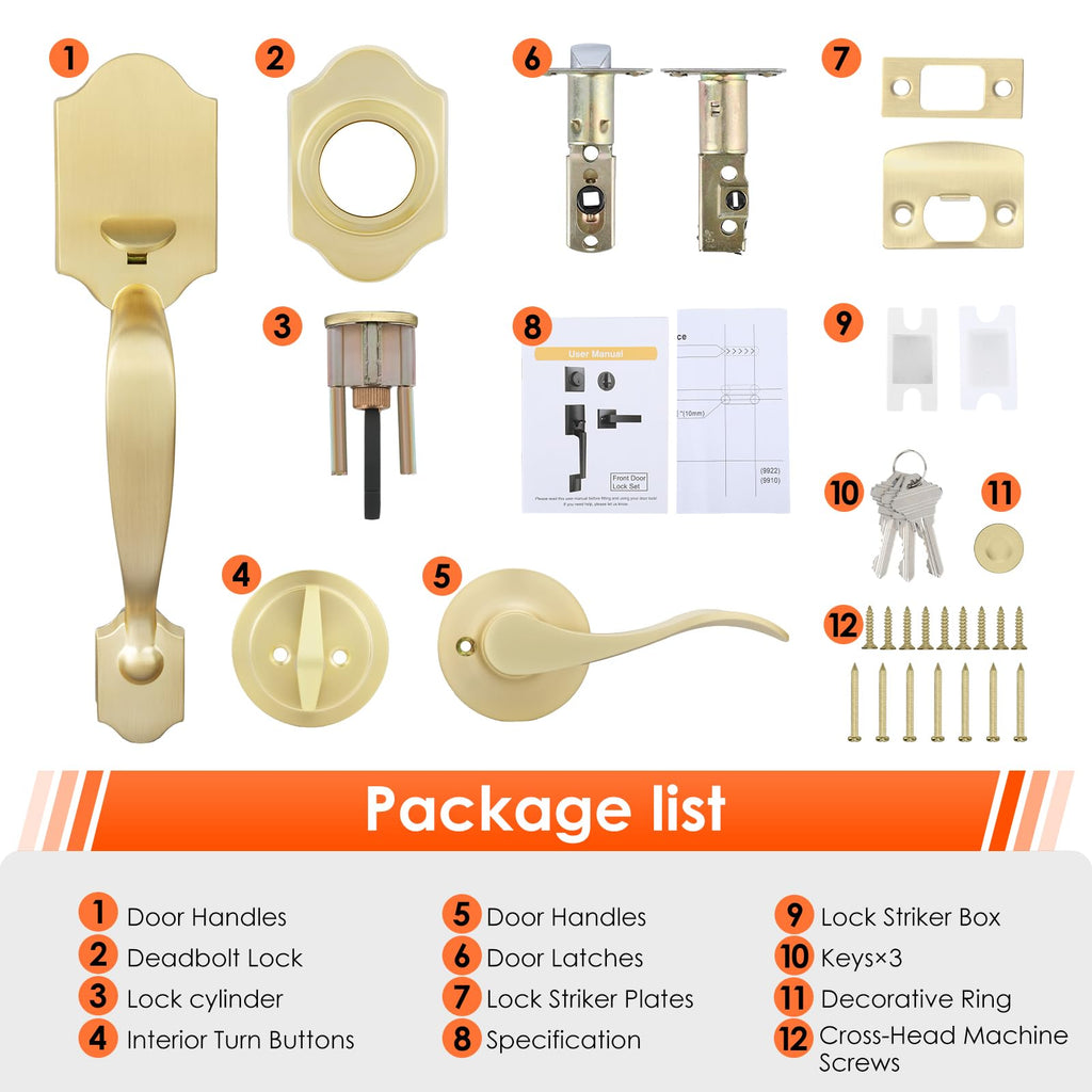 Gold Front Door Handle and Deadbolt Set, Front Door Lock Set