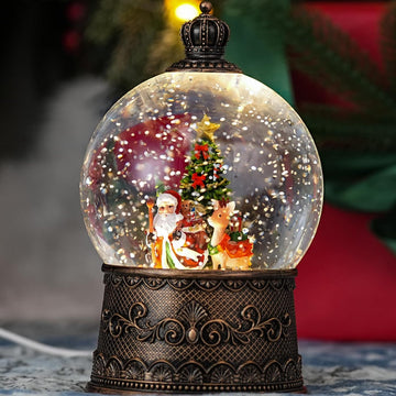 Snow Globe with Santa with Reindeer, Light Up Christmas Snow Globes with Music Timer - USB Plug or Battery Operated