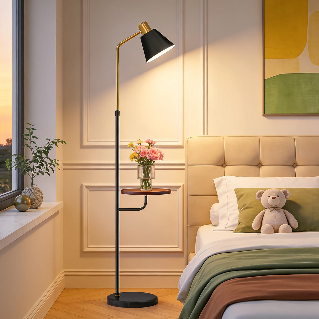 Black Floor Lamp with Walnut Side Table Bedroom, Modern Standing Lamp 12W LED 3-Color Dimmable 3000K/4500K/6500K
