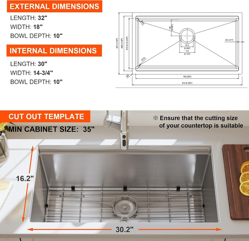 32 Inch Workstation Undermount Handmade Single Bowl Kitchen Sink | 304 Stainless Steel, 16 Gauge Thickness, Ledge for