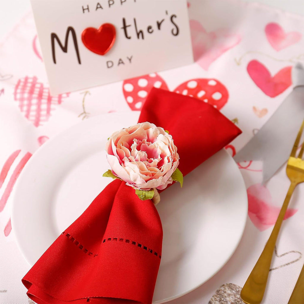 Farmhouse Flower Napkin Rings, Faux Pink Rose Napkin Ring Serviette Holder for Spring Holiday, Mothers Day - Set of 12