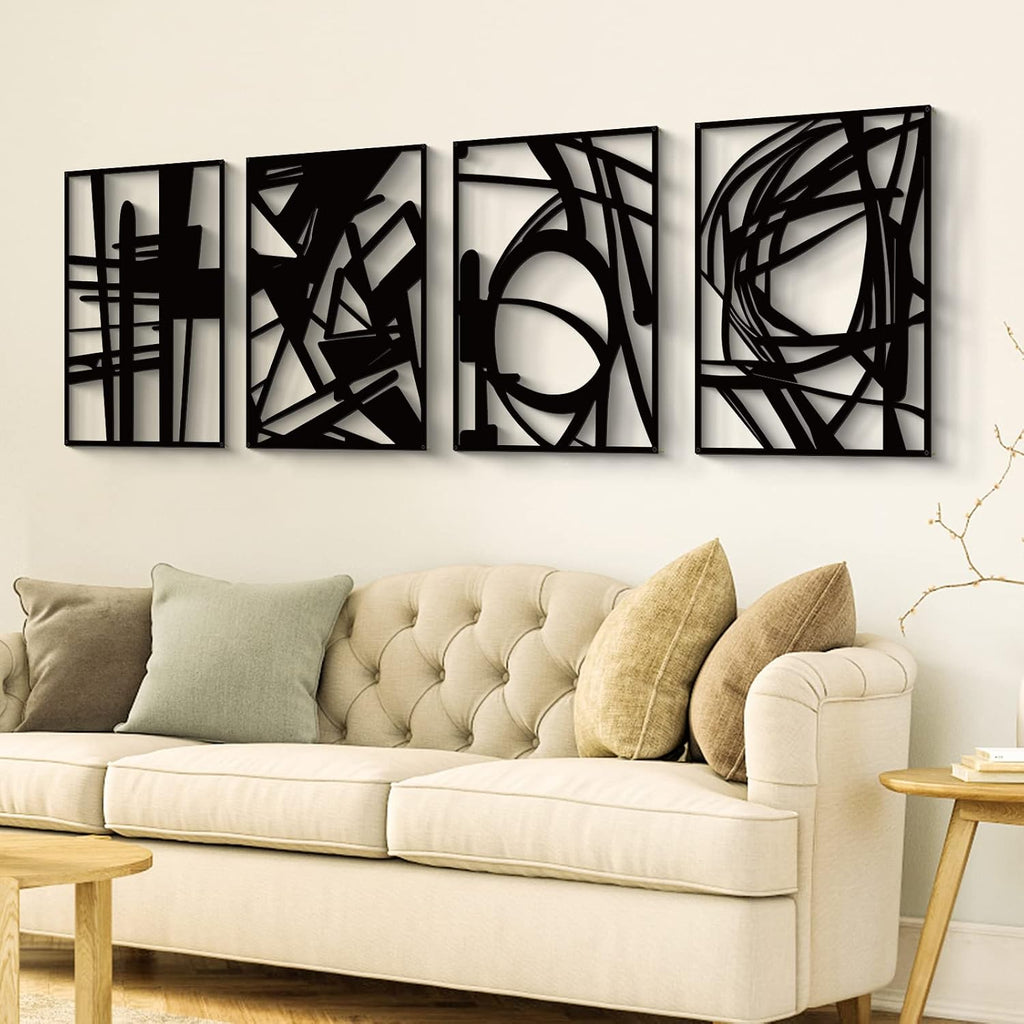 Black Abstract Metal Wall Art, Minimalist Décor Single Line Art Wall Décor, 3D Textured Metal Wall Sculptures - Set of 4