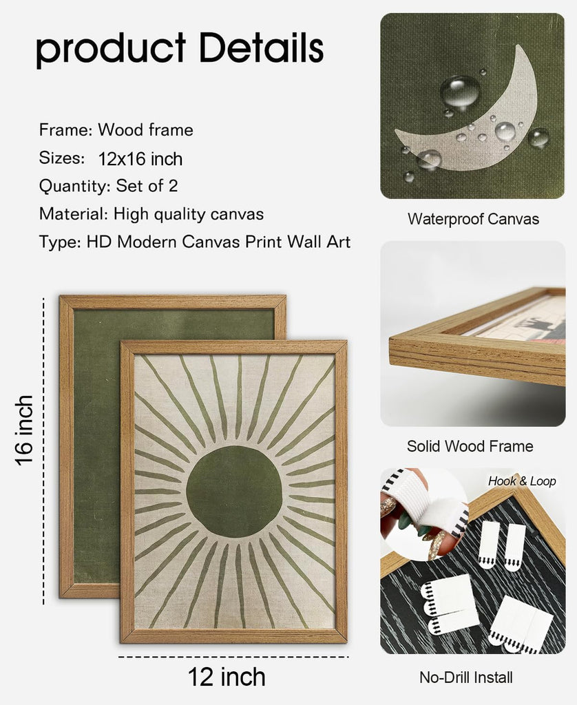 Sage Green Boho Wall Art Set of 2, Wood Framed Sun and Moon Decor, Minimalist Mid Century Modern Celestial Prints