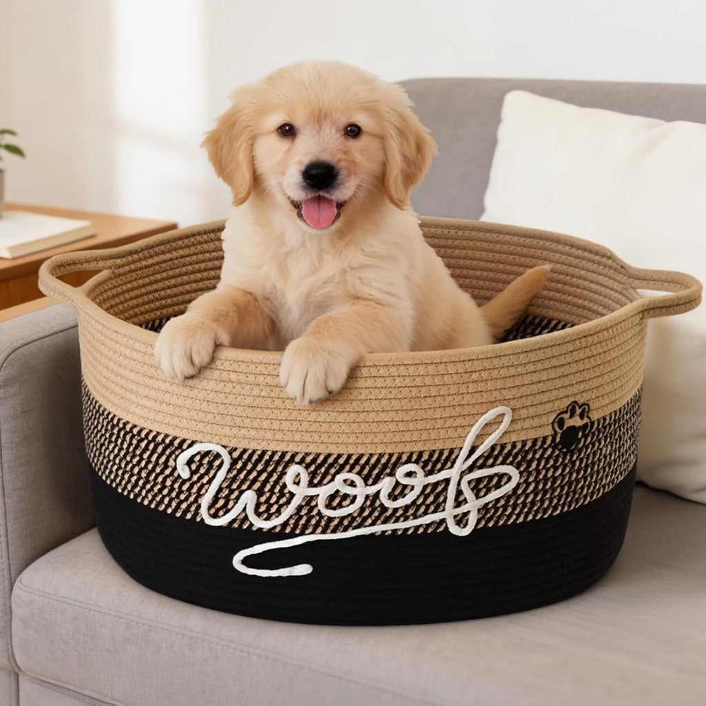 30L Woof Dog Toy Basket with Handles, Large Dog Toy Storage Bin with Paw Print, Woven Dog Basket for Blankets, Toys