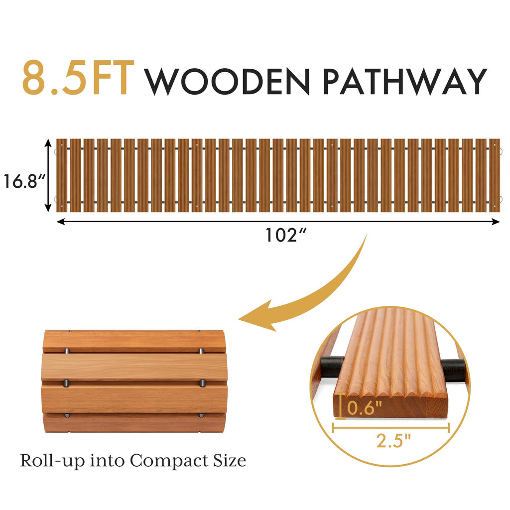 8.5FT Wooden Garden Pathway, Roll Out Decorative Straight Walkway, Non-Slip Patio Boardwalk Pavers for