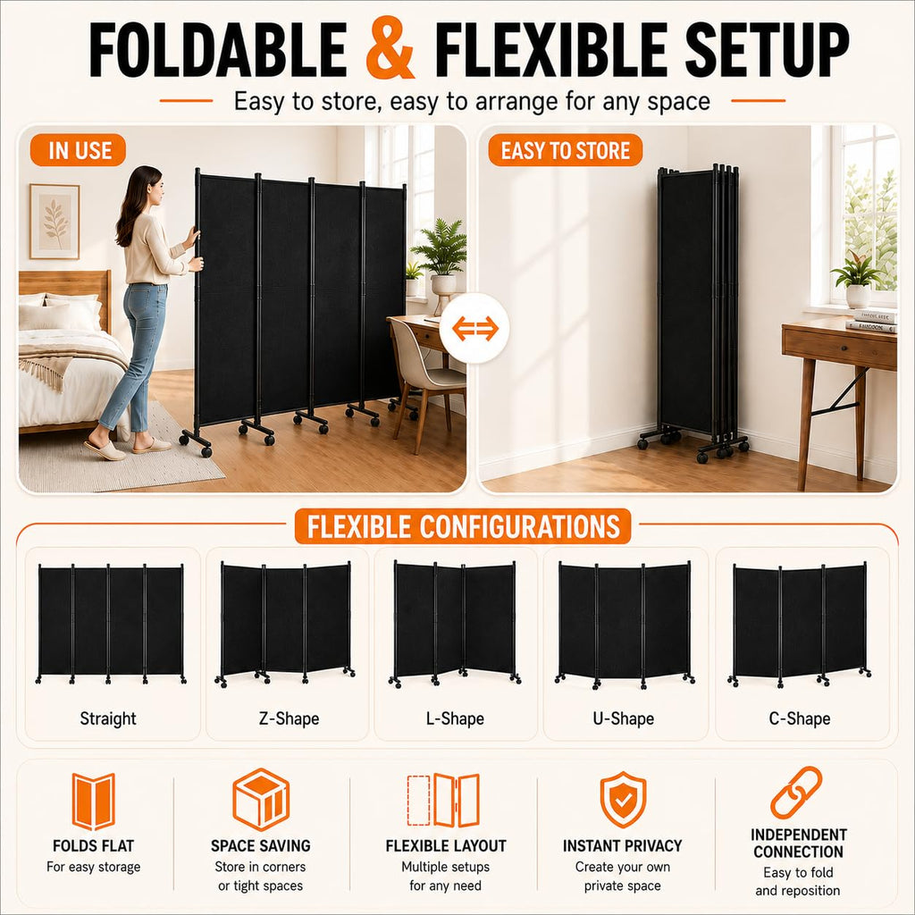 Room Divider, 4-Panel Folding Privacy Screenwith Locking Wheels Wide Feet, PortablePortable with Opaque Canvas and
