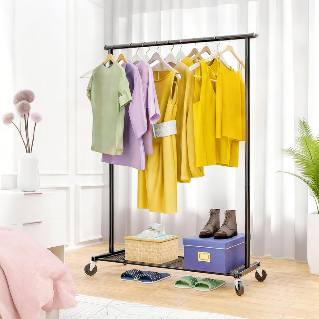 Clothes Rack for Hanging Clothes, 64.25 Inch Clothing Racks with Wheels, Portable Rolling Clothes Garment Rack
