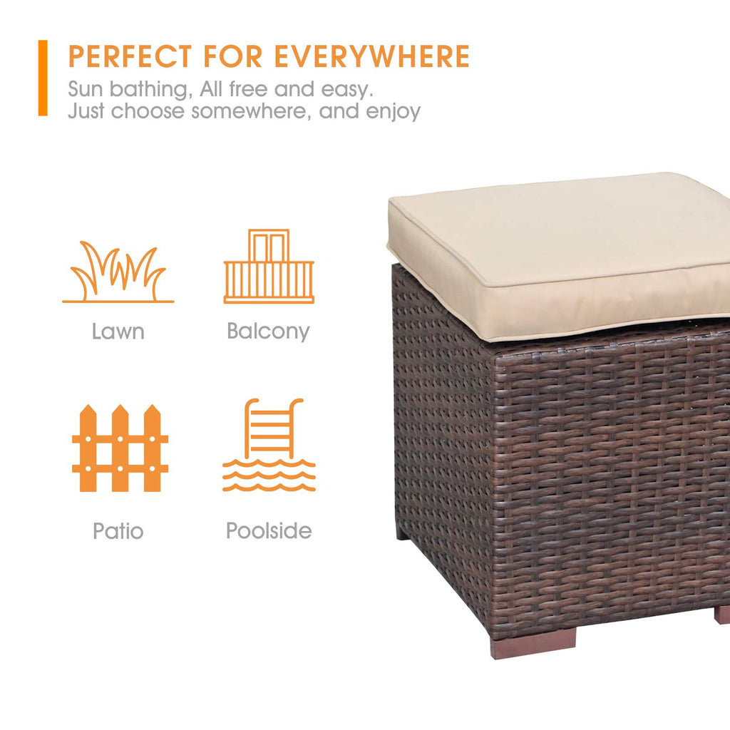 2 Pieces Assembled Outdoor Patio Ottoman, Dark Brown Wicker, Beige