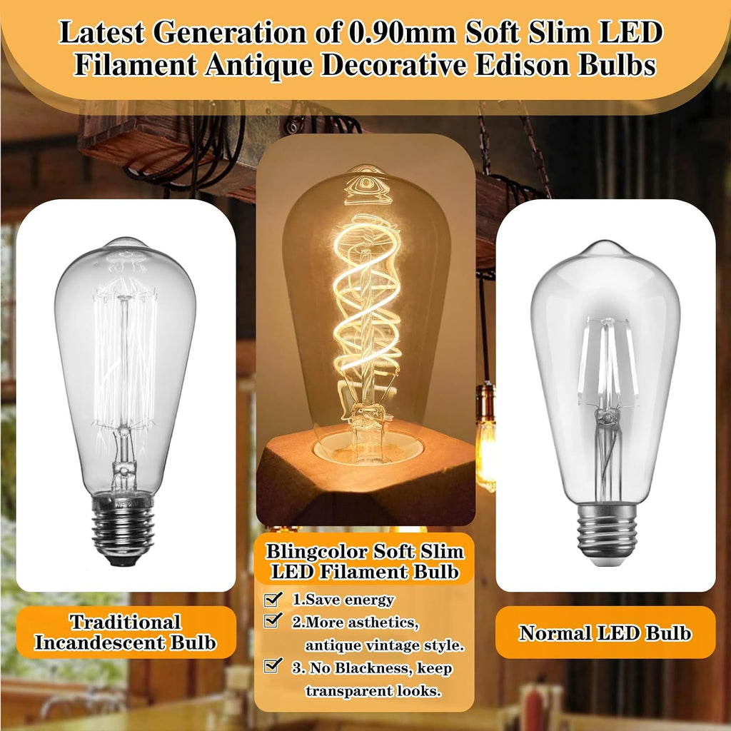 E26 LED Vintage Edison Light Bulbs 40 Watt, 2 Pack ST58 Pendant Light Bulbs