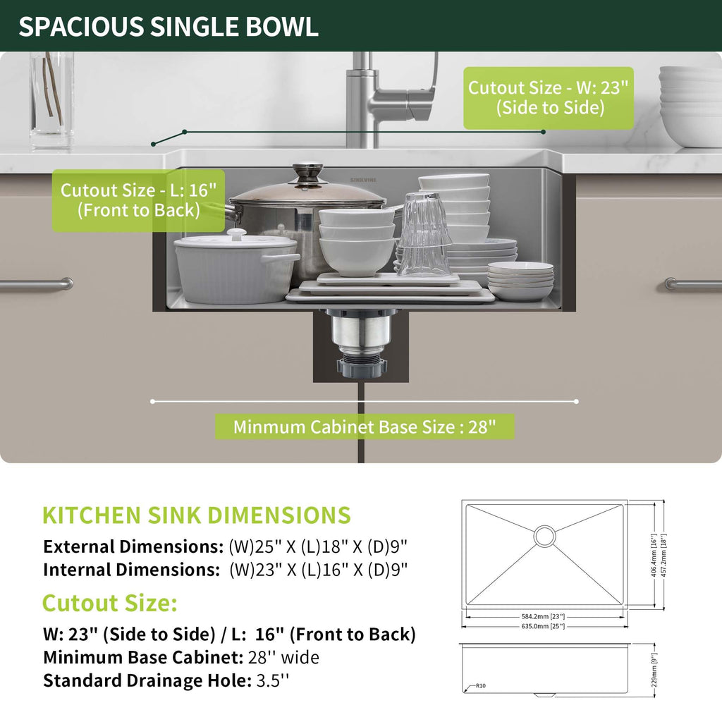 25-inch Undermount Kitchen Sink, Stainless Steel Single Bowl