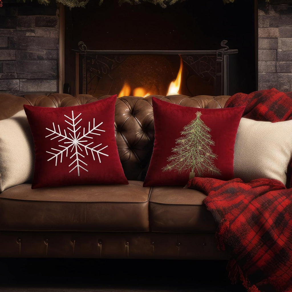 Christmas Pillow Covers, Red, Snowflake and Xmas Tree - Set of 2