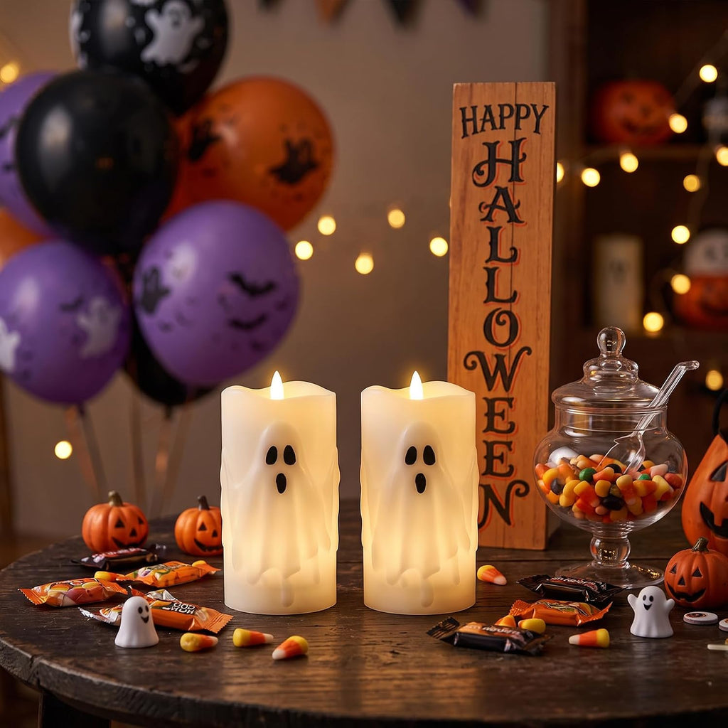 Halloween Ghost Flameless Pillar Candles with Remote Timer - Set of 2