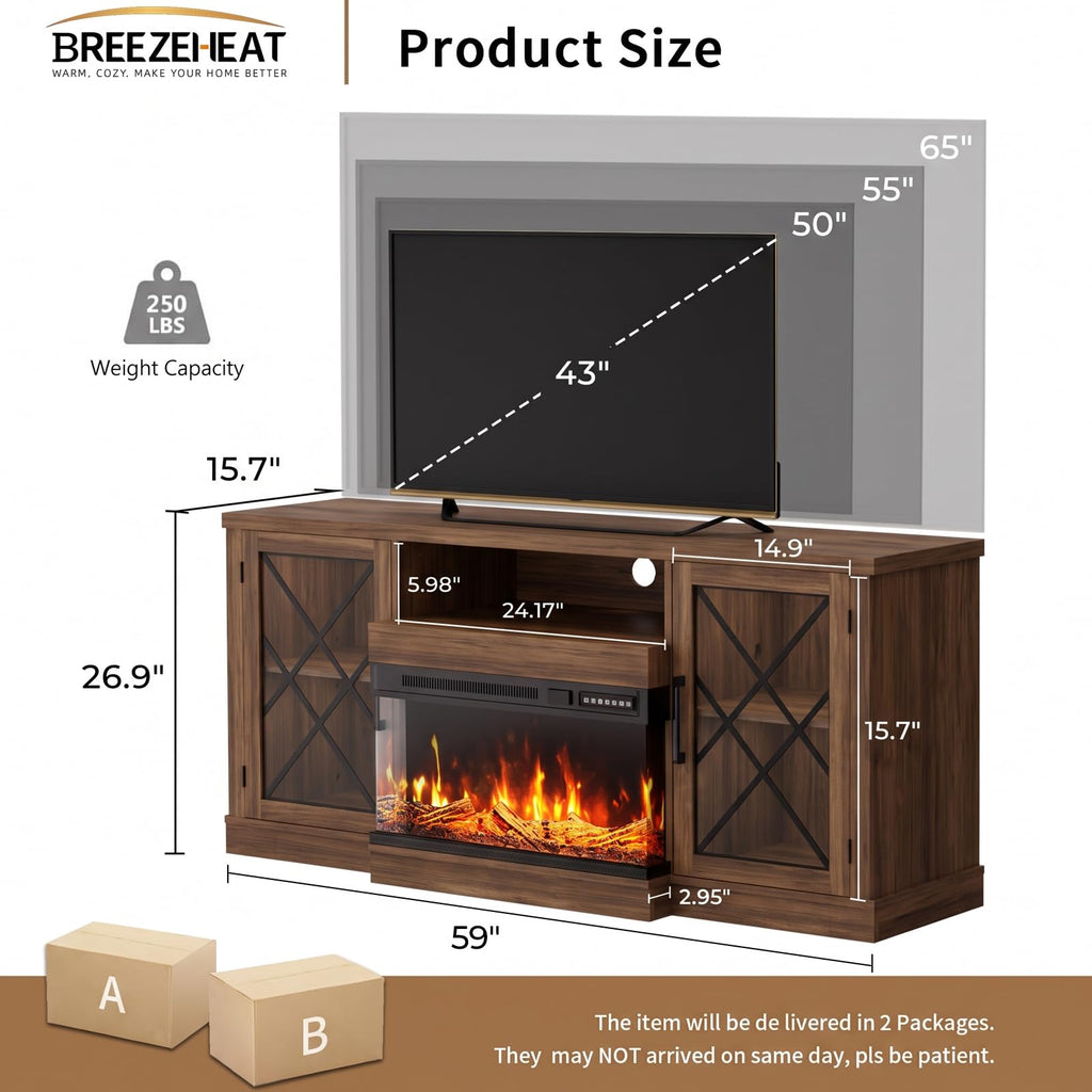 For TVs up to 70", 3-Sided Electric Entertainment Center with 24" LED Fireplace, Media Console w/Storage Cabinet &