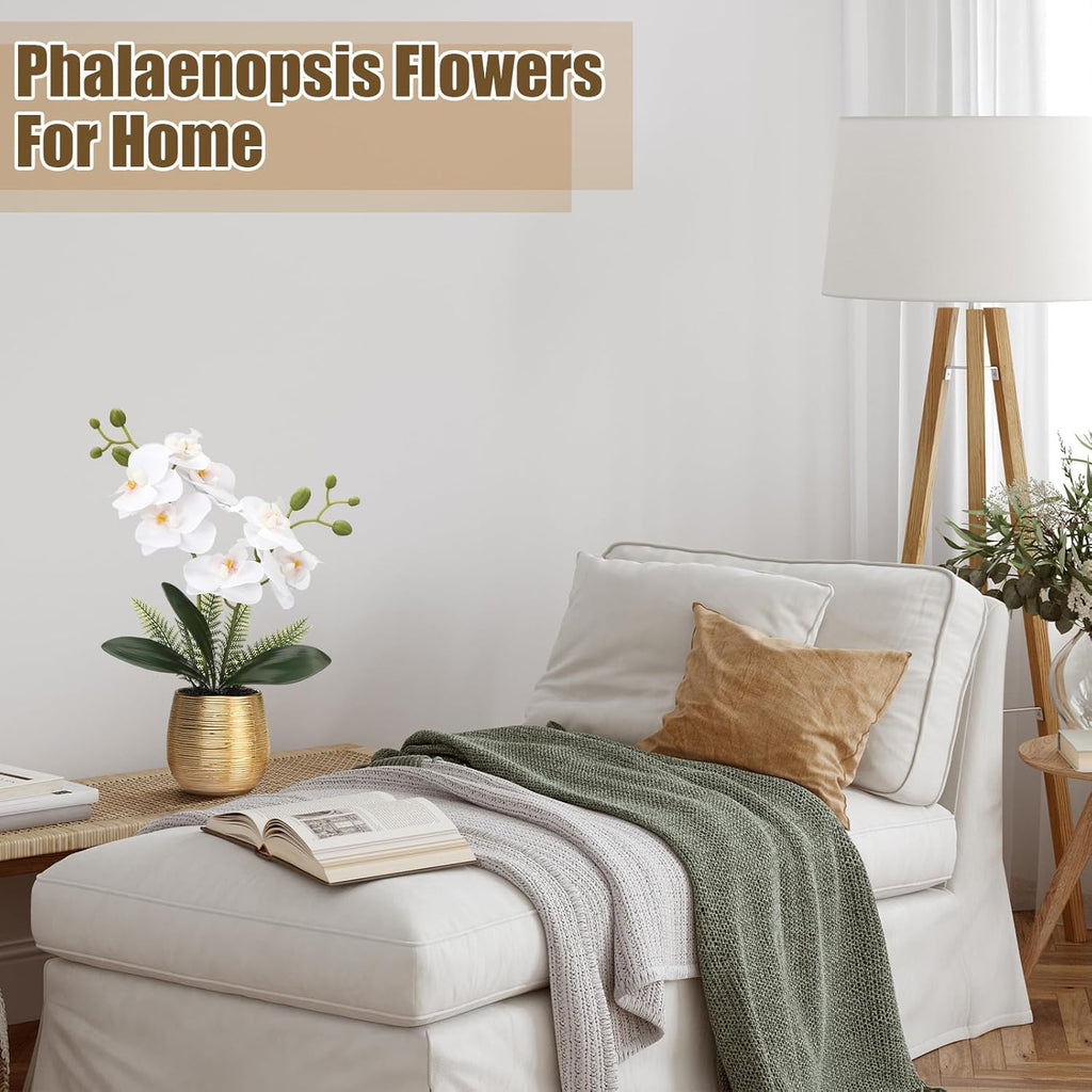 Orchids Artificial Flowers in Gold Ceramic Vase 13'' White Fake Flowers Phalaenopsis Faux Orchid Wedding Party - Set of 2