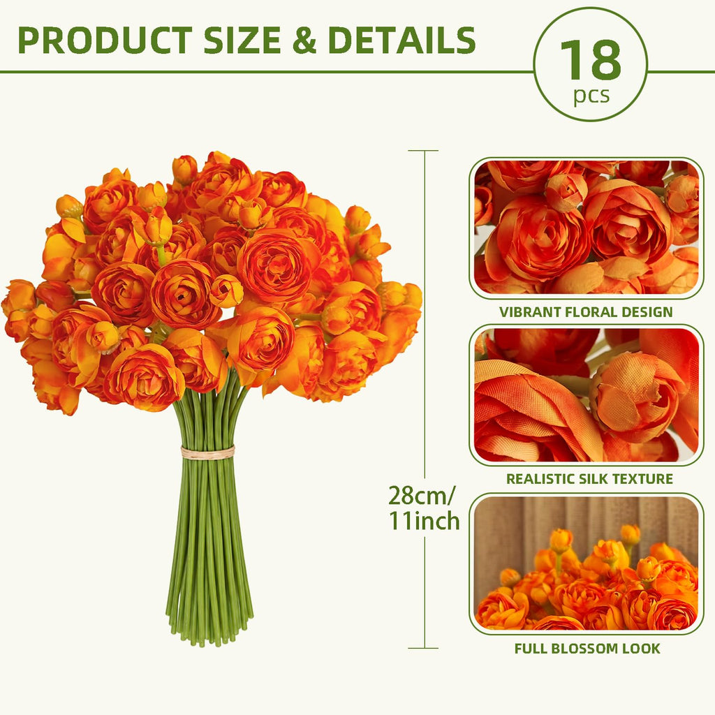 Ranunculus Artificial Flower Orange Silk Flowers, 18 Pcs