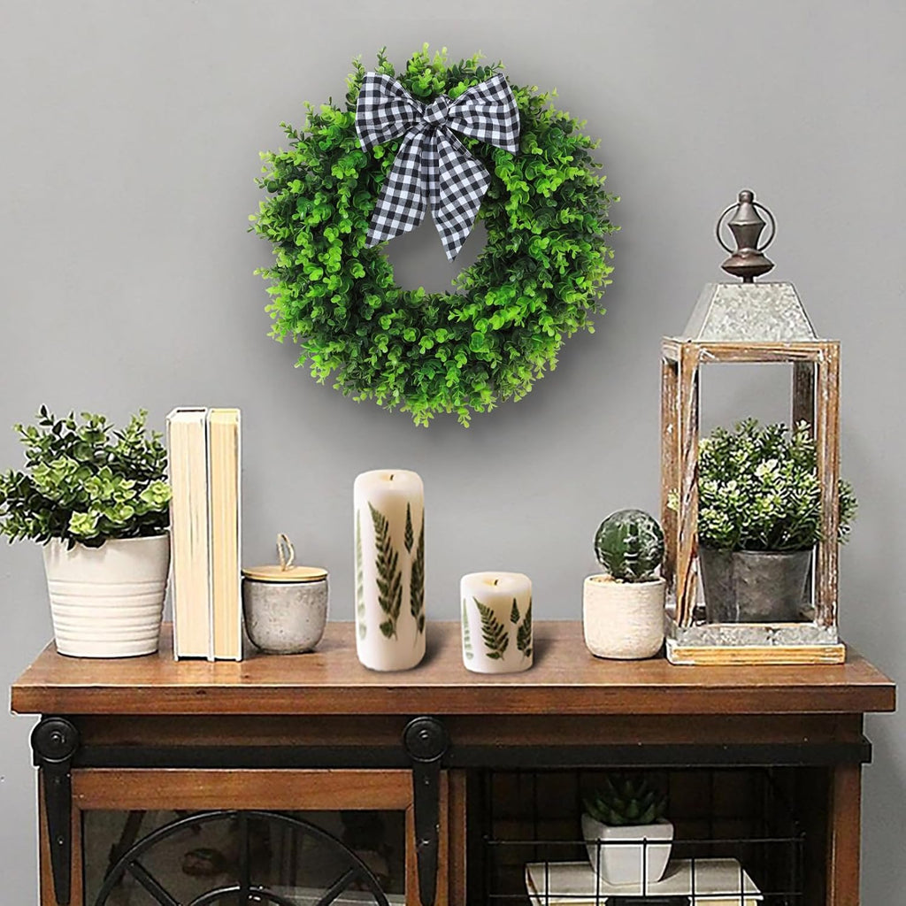 Boxwood Wreaths for Front Door Artificial Green Spring Summer Wreaths Farmhouse Door Hanger,Year Round Door Wreath