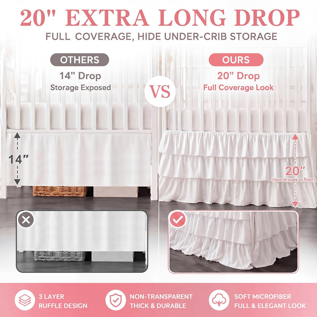 Extra Long White Ruffled Crib Skirt with 8 Pcs Cot Bow