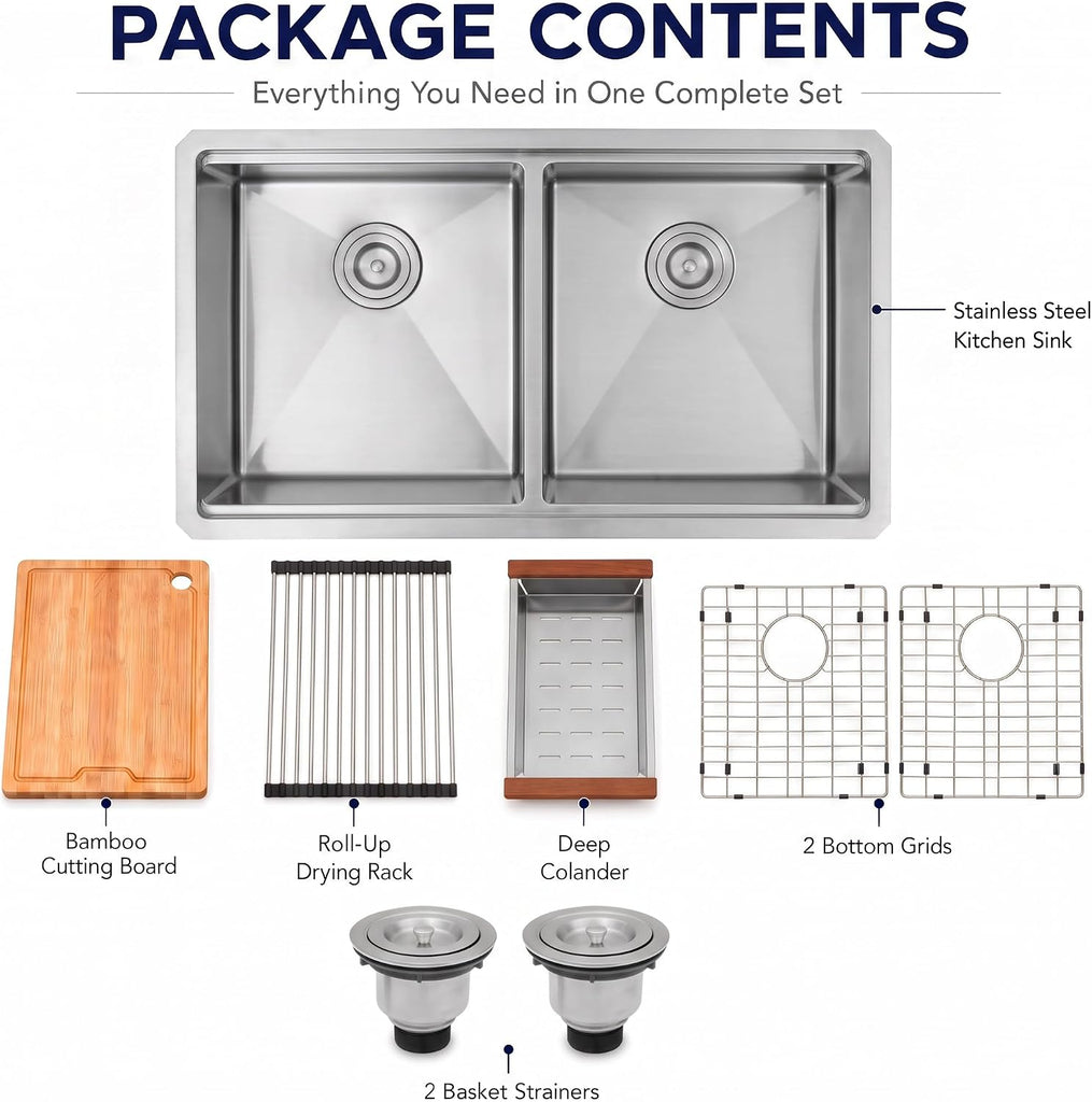 Kitchen Sink Stainless Steel, Undermount Kitchen Sink 32 Inch, 50/50 Double Bowl True 16 Gauge Stainless Steel