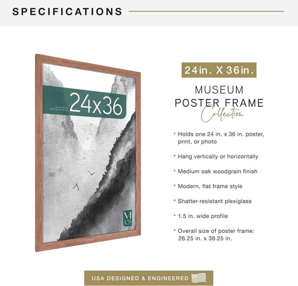 Museum Poster Frame, 24x36, Medium Oak, 1-Pack | Museum Collection Poster Frame For Photos & Art Prints, Hangs