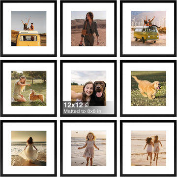 12x12 Frame Set of 9, Wooden 12 by 12 Square Picture Frames with Plexiglass for Picture 8x8 with Mat or 12x12 without