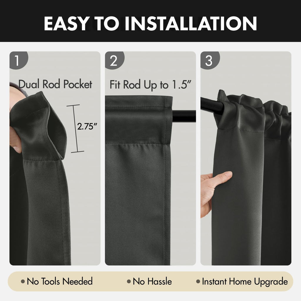 Blackout Curtains 4 Panels Sets Dark Grey 84 Inch Length, Top and Bottom Rod Pocket Room Darkening Curtains for