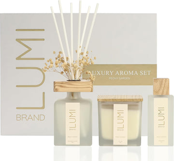 Luxury Aroma Gift Set | Peony Garden Scent - Reed Diffuser (200ml), Soy Candle (200g), Room Spray (50ml)