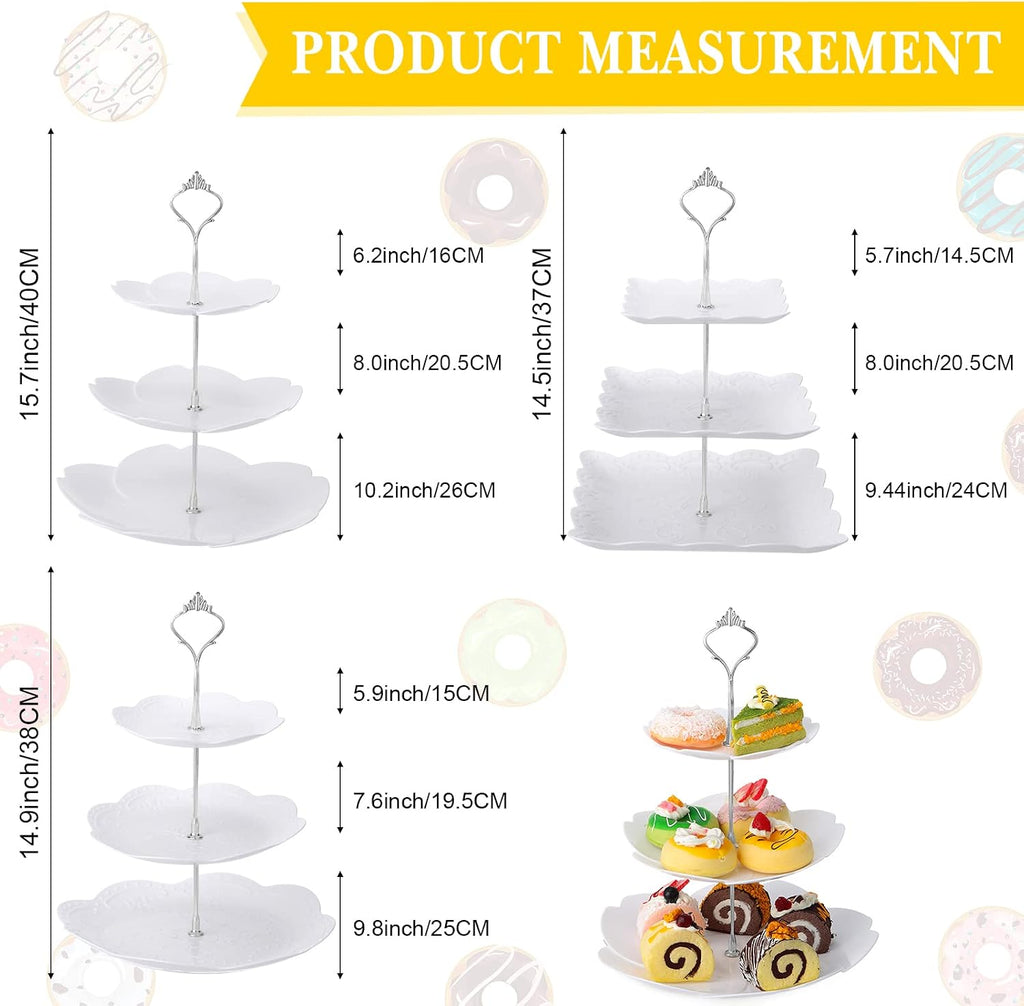 Tiered Serving Tray White Plastic Dessert Tower, Silver - Set of 6