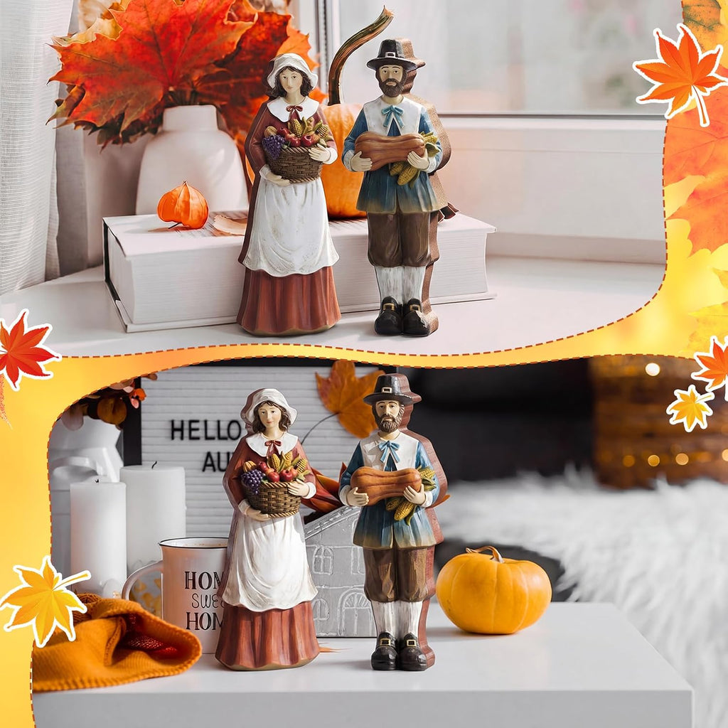 Thanksgiving Decoration Wooden Pilgrim Figurines Couple Statue - Set of 2