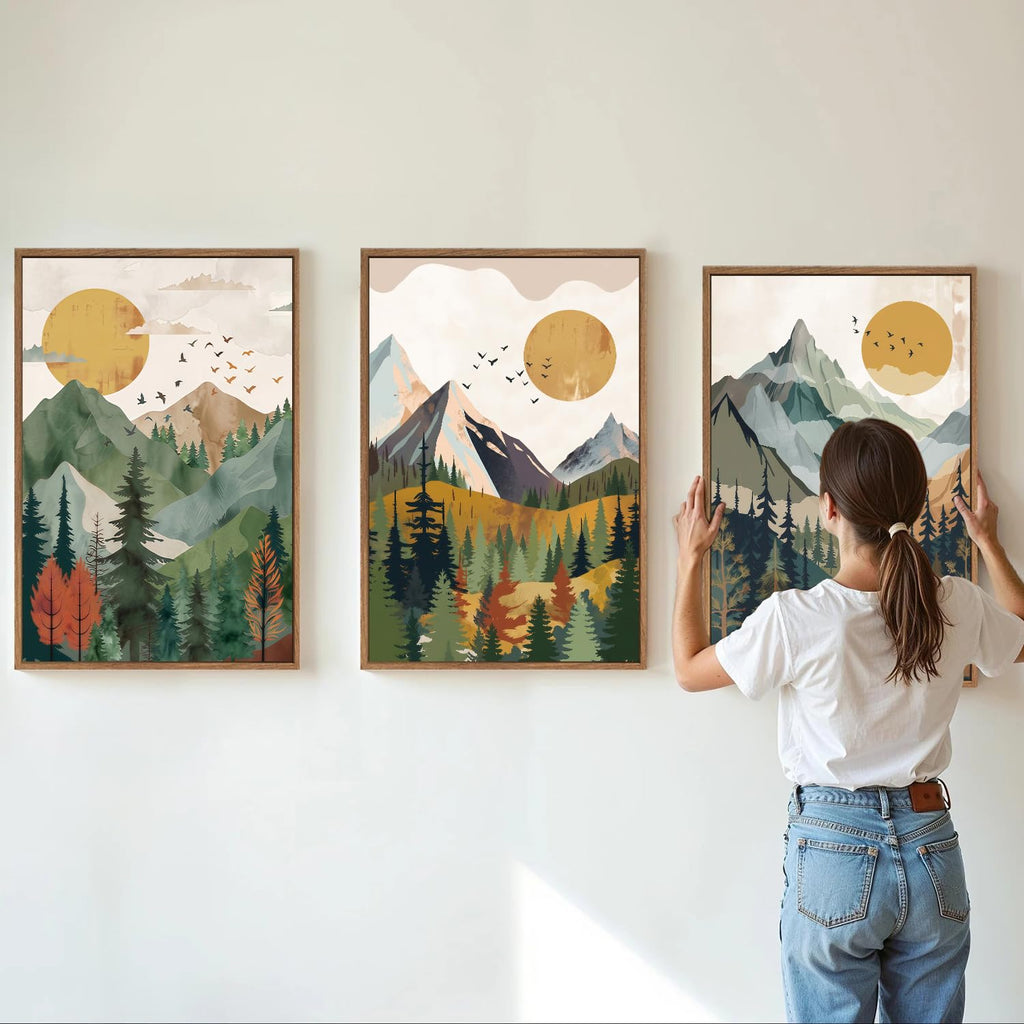 Boho Mountain Framed Canvas Wall Art, Mid Century Modern Wall Decor, Watercolor Sun Forest Woodland Posters, Sage