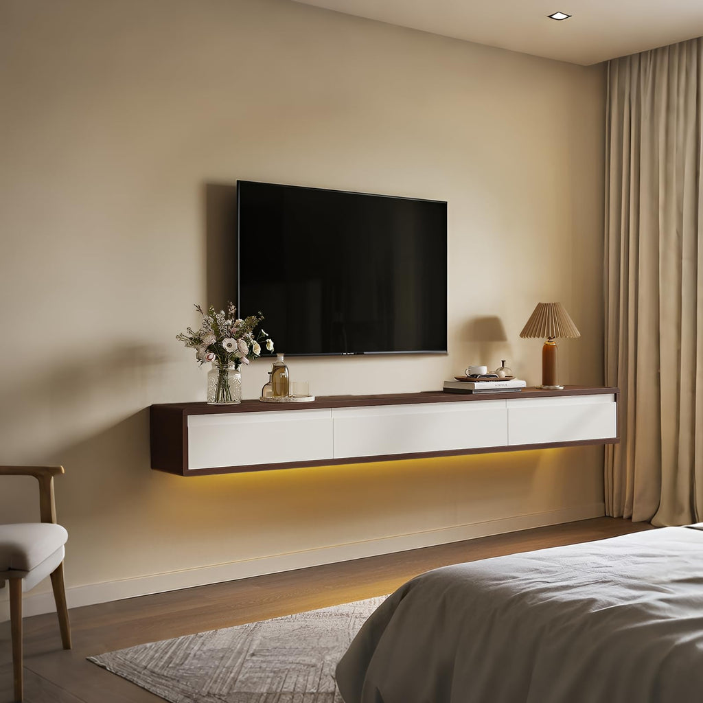 Floating High Gloss, 55'' Wall-Mounted TV Cabinet, Floating TV Console, Under TV Shelf with 3 Doors (Walnut+White)