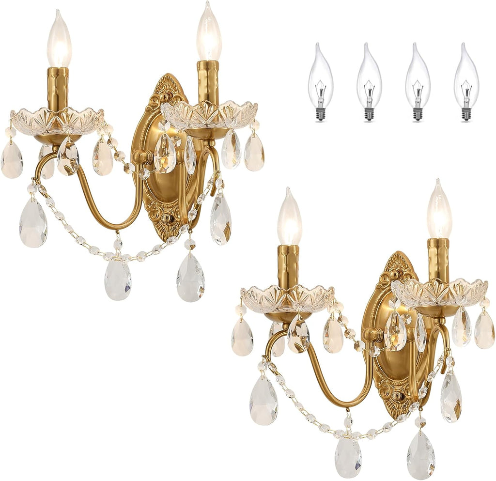 Crystal Wall Sconce Set of 2, Crystal wall sconces, Vintage wall sconces, Gold Brass Finish with Glass Drops, for