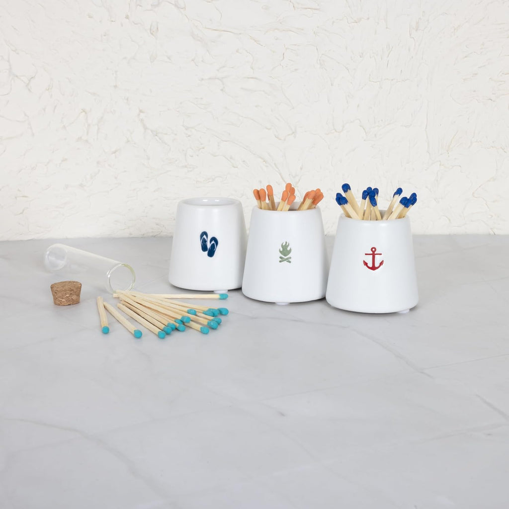 Pavilion - Flip Flops - Wooden Matches, Glass Cork Bottle & Stoneware Match Holder Set Beach Seaside Waterfront Ocean
